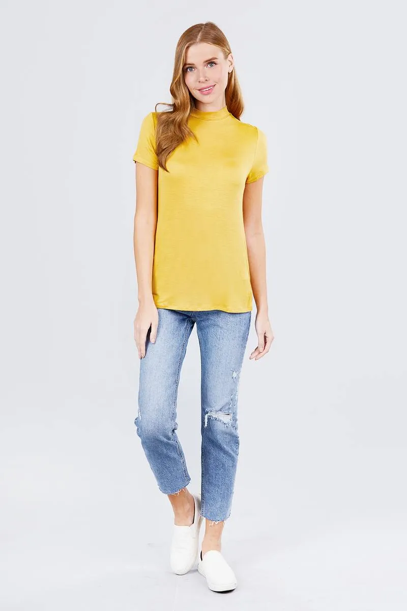 Short Sleeve Mock Neck Rayon Spandex Rib Top - 2 colors