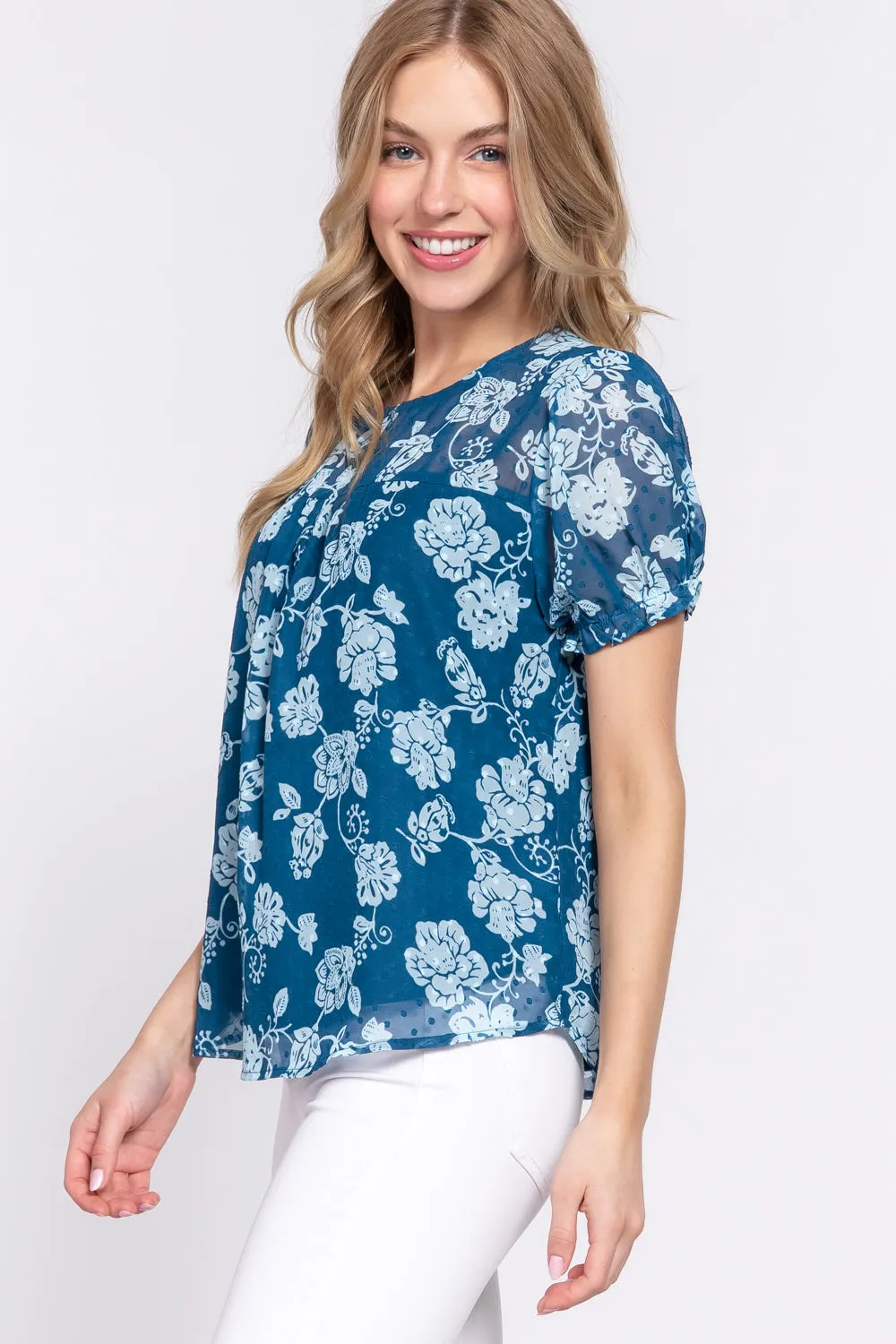 Short Slv Print Clip Dot Blouse - 2 colors - Ships from The US