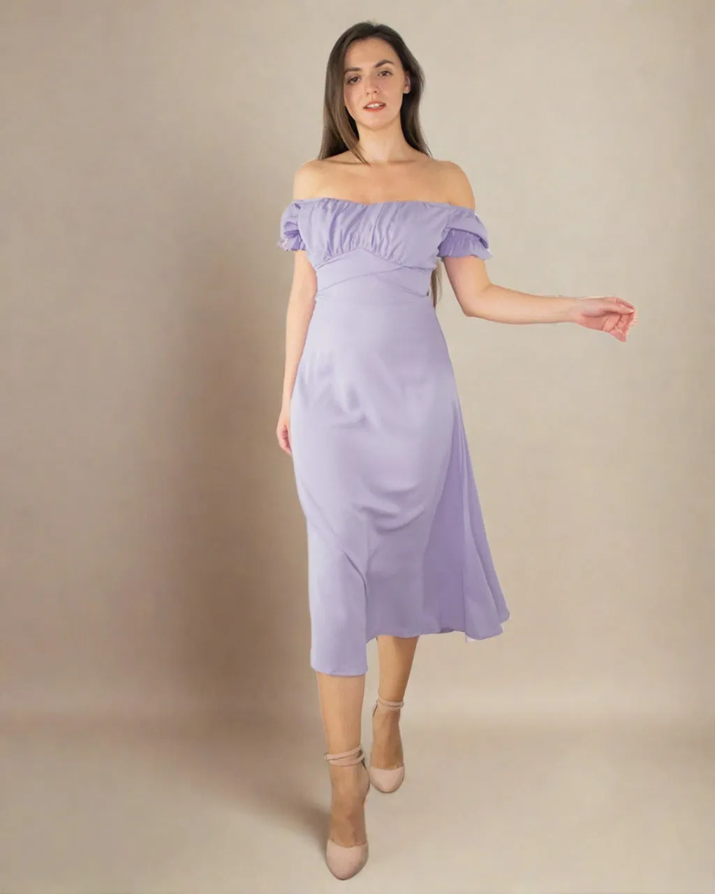 Sophia Lilac Dress - Bardot Midi Dress