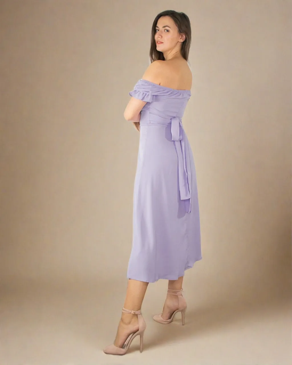 Sophia Lilac Dress - Bardot Midi Dress