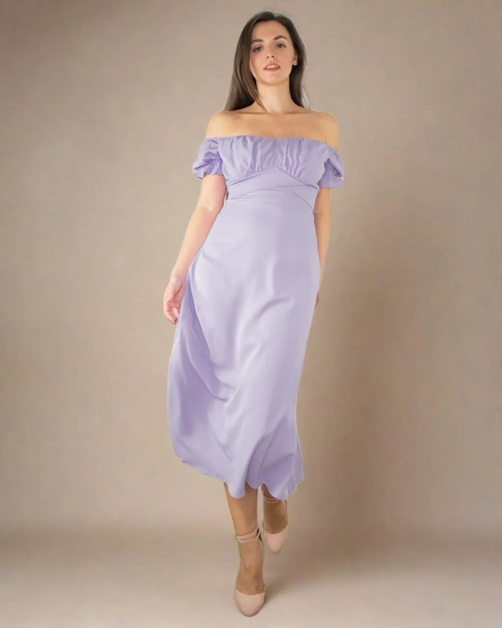 Sophia Lilac Dress - Bardot Midi Dress