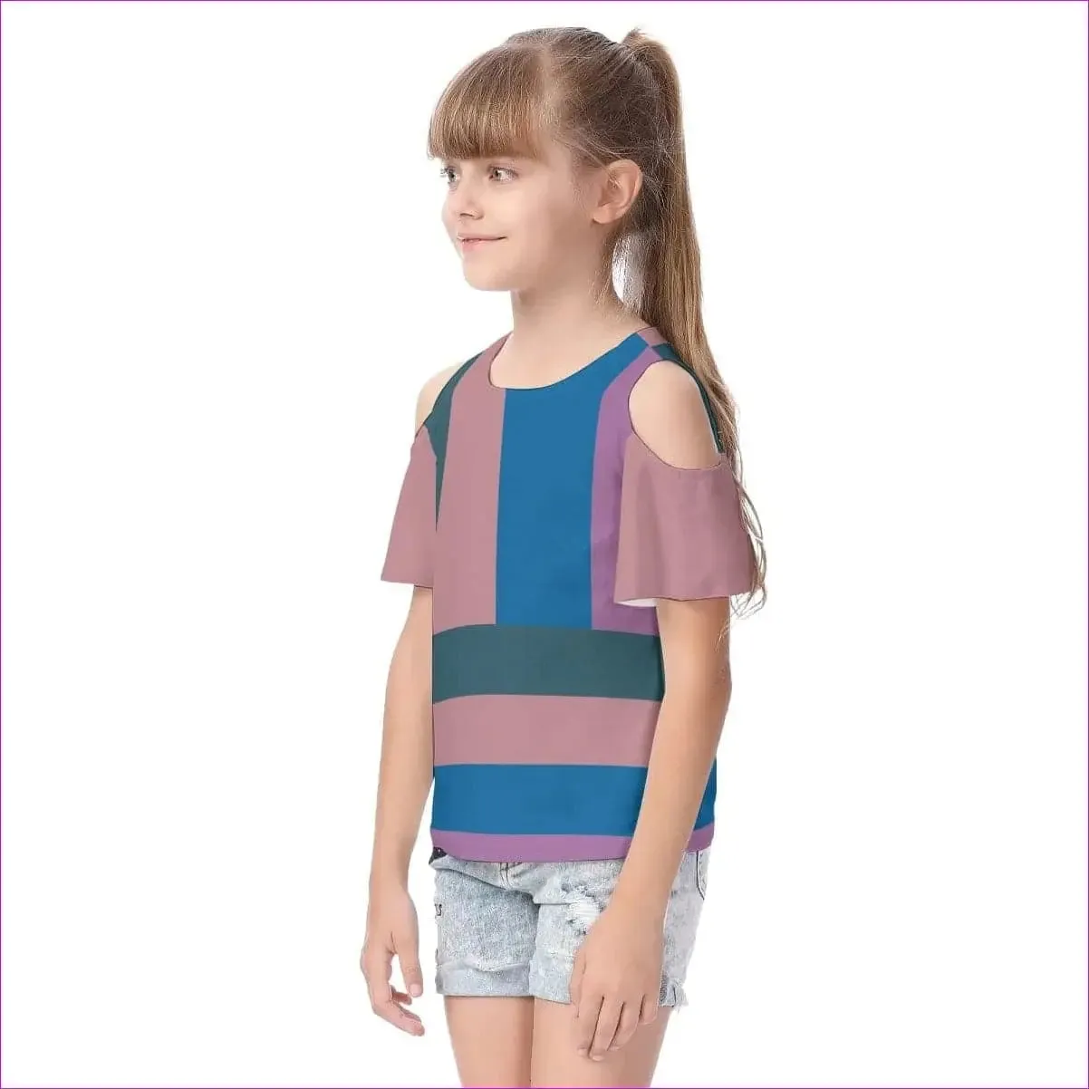 Striped Kids Kids Cold Shoulder T-shirt With Ruffle Sleeves