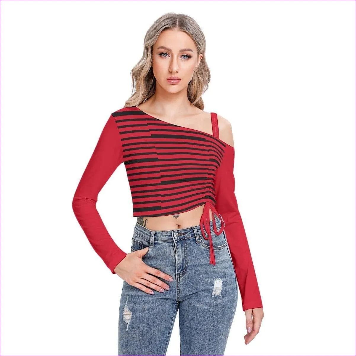 Striped Women's One-shoulder Blouse With Drawstring