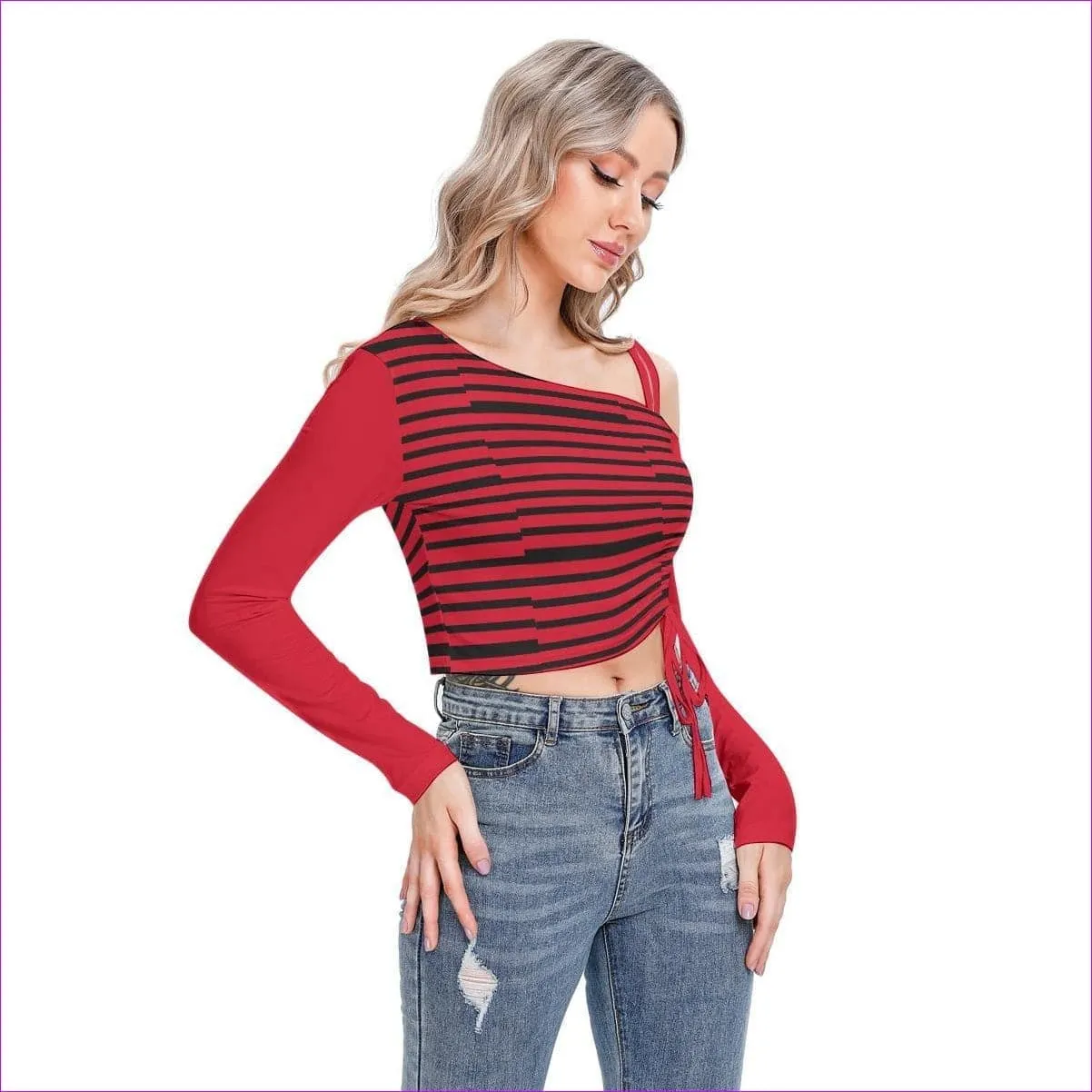 Striped Women's One-shoulder Blouse With Drawstring