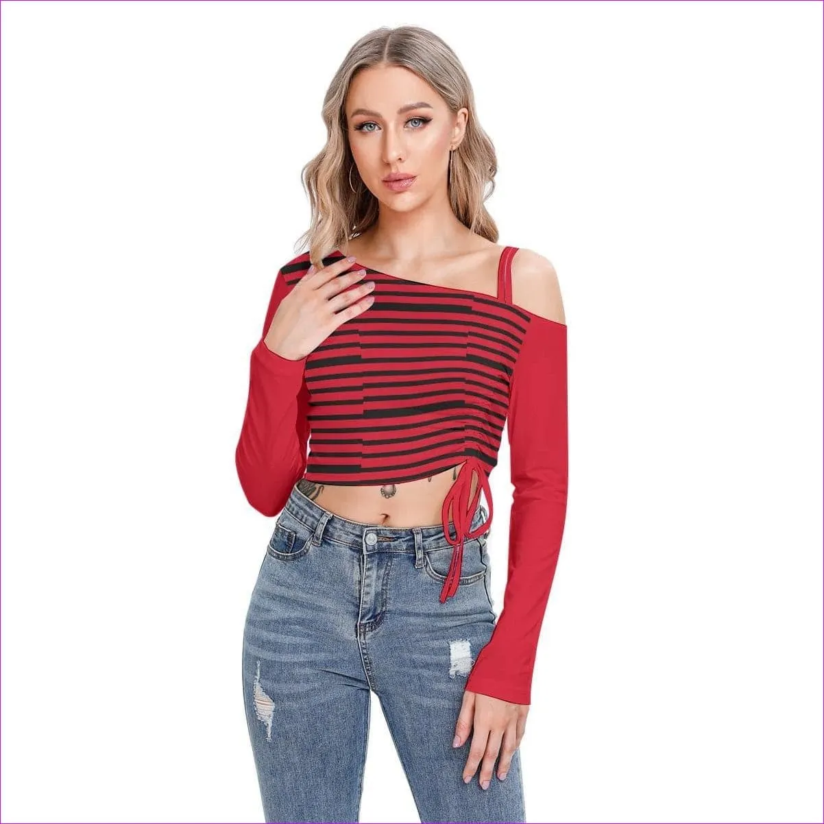 Striped Women's One-shoulder Blouse With Drawstring