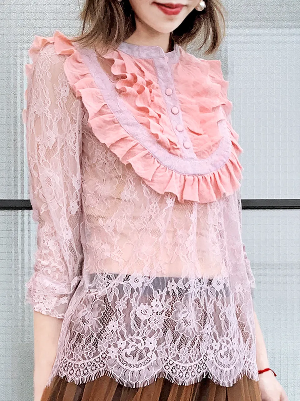 Surprise Sale! Pink Romance Ruffle Collar Sheer Eyelash Lace Blouse