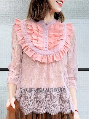 Surprise Sale! Pink Romance Ruffle Collar Sheer Eyelash Lace Blouse