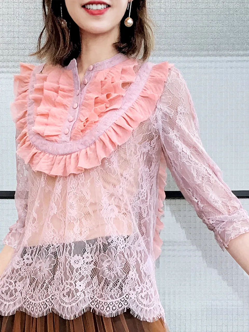 Surprise Sale! Pink Romance Ruffle Collar Sheer Eyelash Lace Blouse