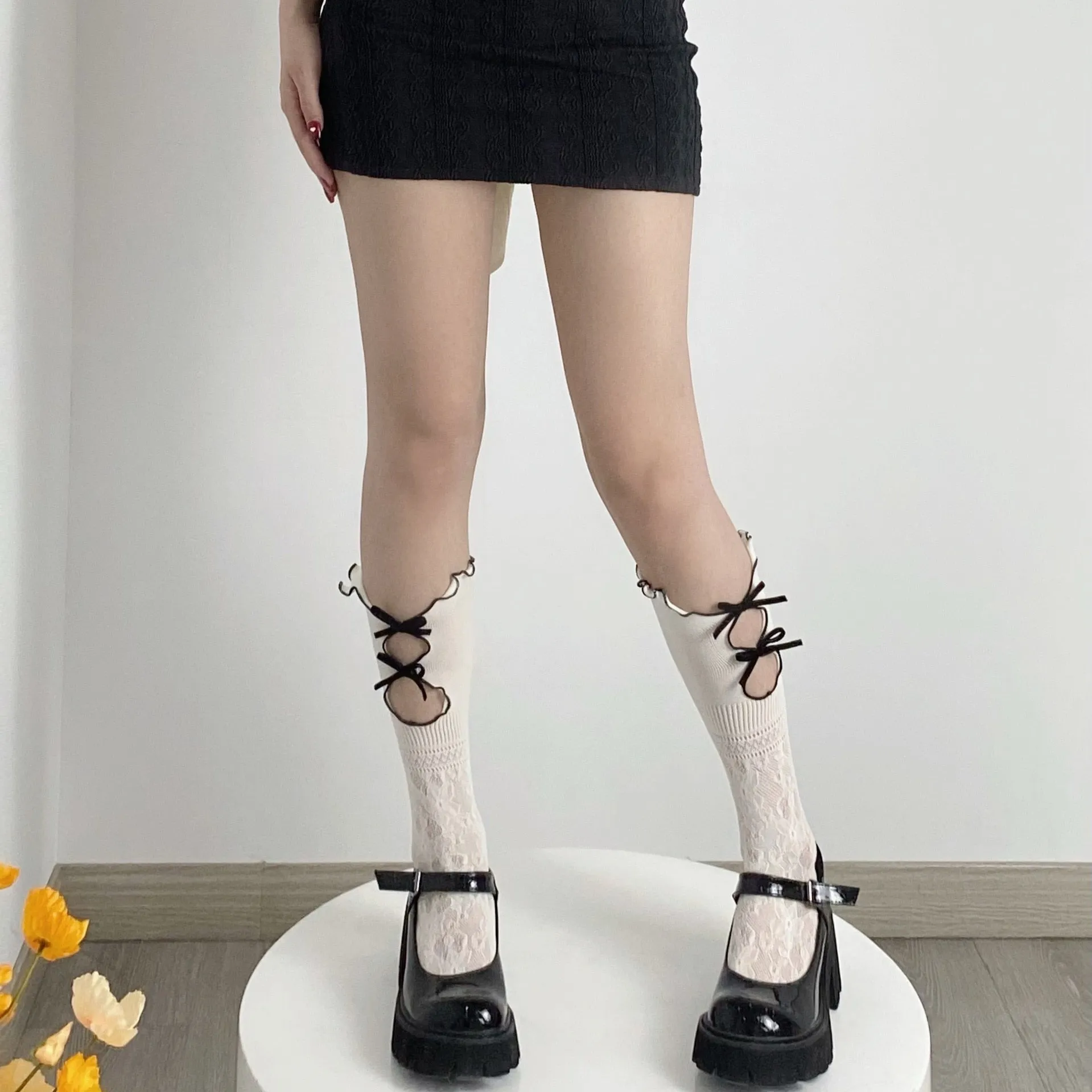 Sweet Black Ribbon Lace Socks