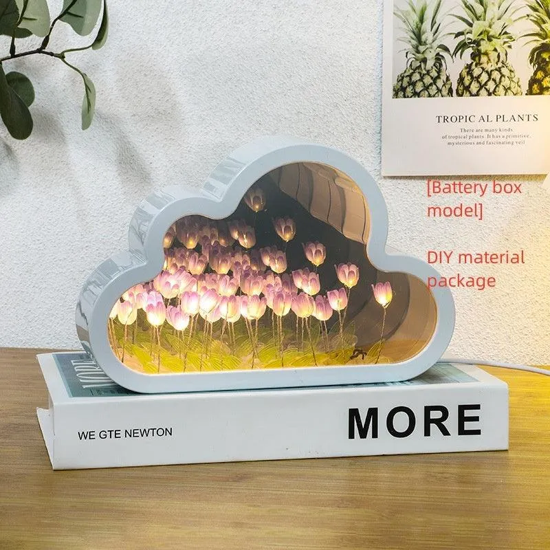 Tulip Night Lamp DIY Material Cloud Tulips Night Lamp Decorative Mirrors Photo Frame LED Table Lights Korean Creative Desk Bedroom Handmade Birthday Gifts