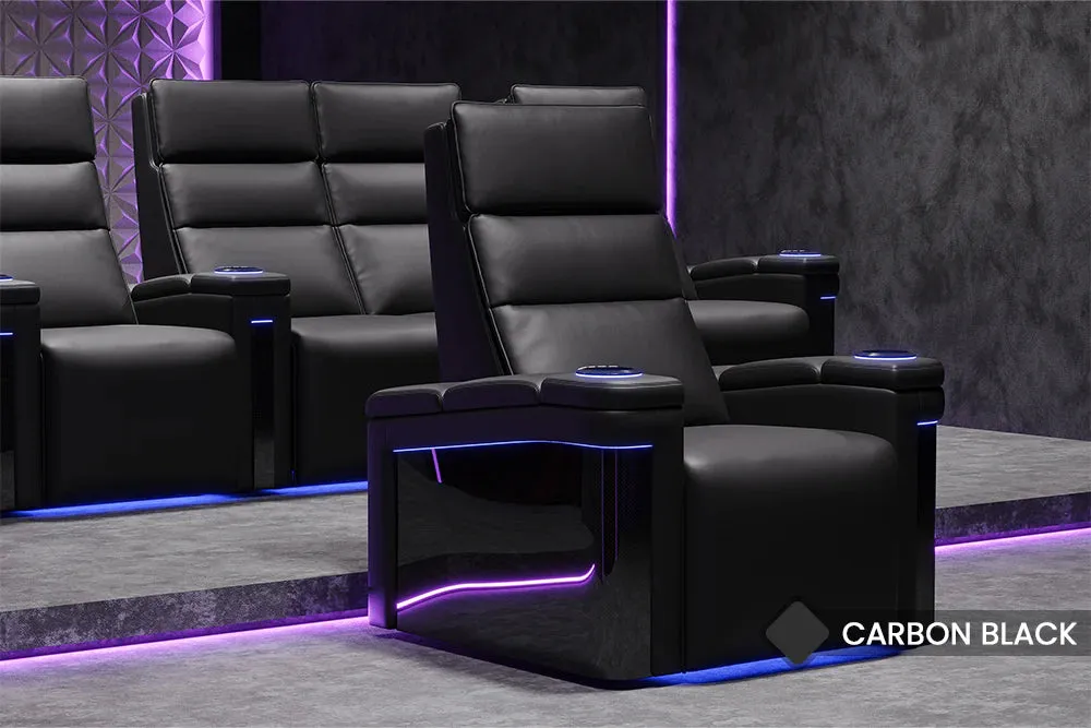 Valencia Monza Leather Home Theater Seating With Carbon Fiber Panel Row of 3, Black