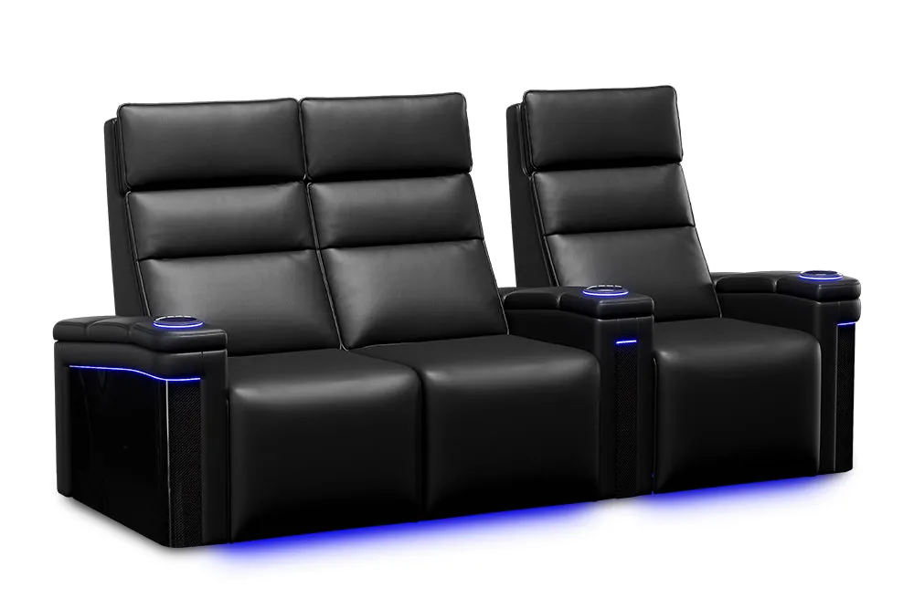 Valencia Monza Leather Home Theater Seating With Carbon Fiber Panel Row of 3 Loveseat Left, Black