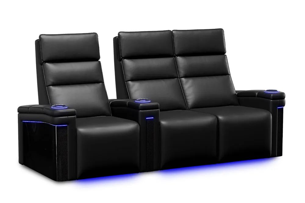 Valencia Monza Leather Home Theater Seating With Carbon Fiber Panel Row of 3 Loveseat Right, Black