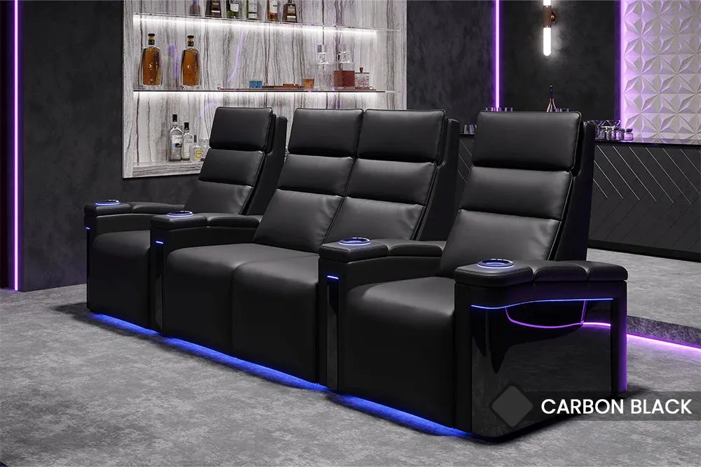 Valencia Monza Leather Home Theater Seating With Carbon Fiber Panel Row of 4, Black