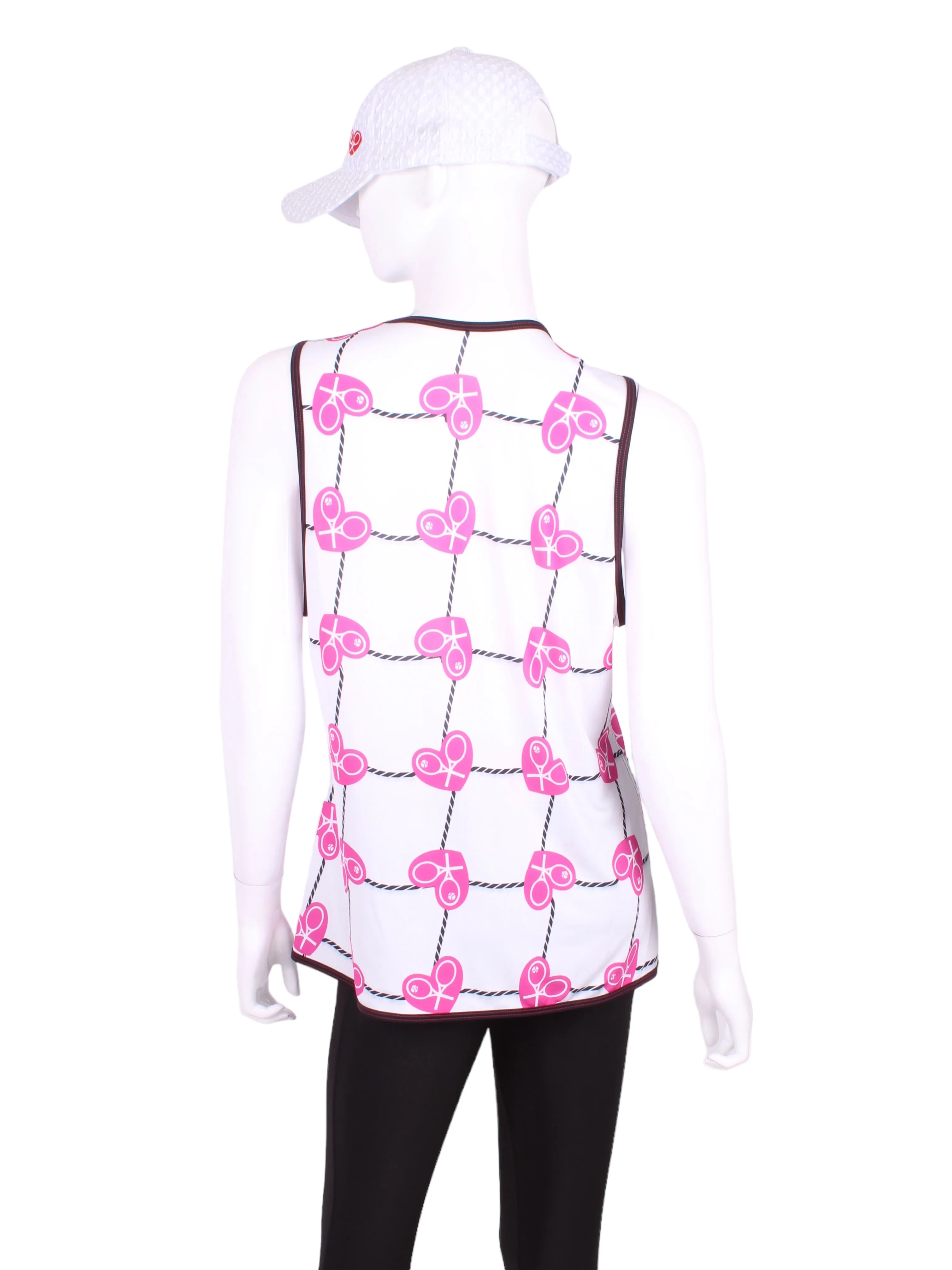 Vee Tank Straight Back Pink Hearts & Net