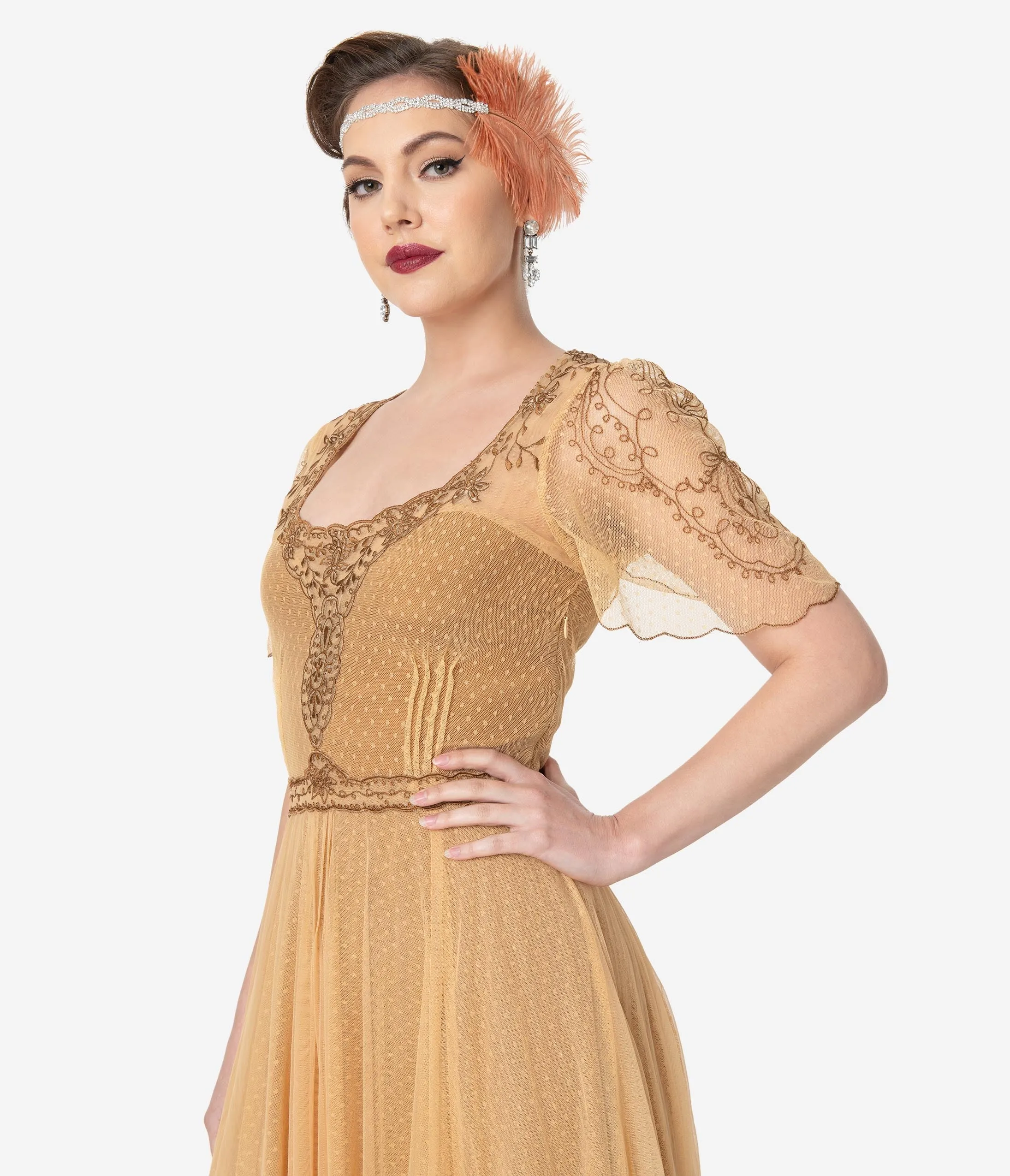 Vintage Style Gold Embroidered Mesh Edwardian Gown