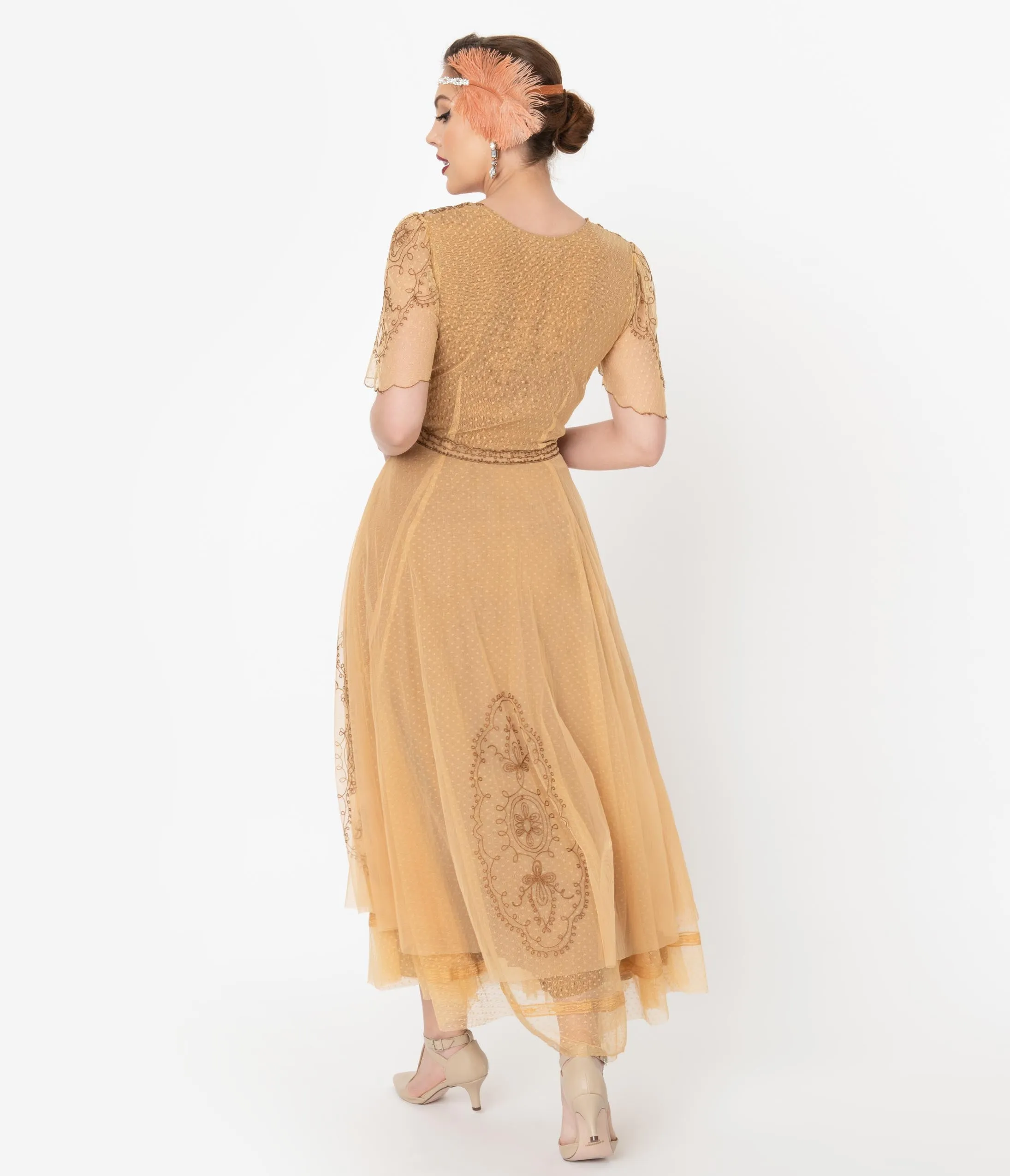 Vintage Style Gold Embroidered Mesh Edwardian Gown