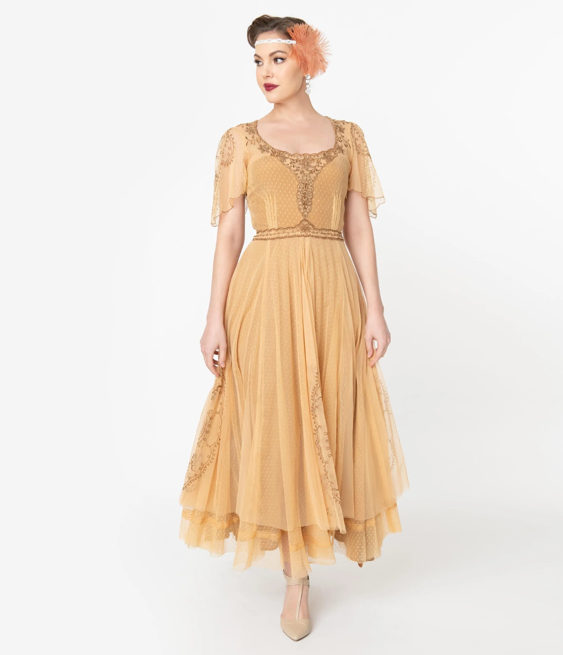 Vintage Style Gold Embroidered Mesh Edwardian Gown