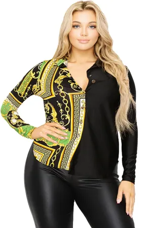 Voluptuous ( ) Plus long sleeve gold chain printed shirt - Ships from The USA