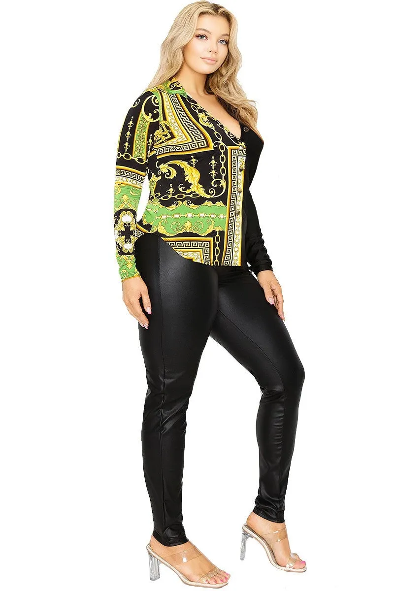 Voluptuous ( ) Plus long sleeve gold chain printed shirt - Ships from The USA