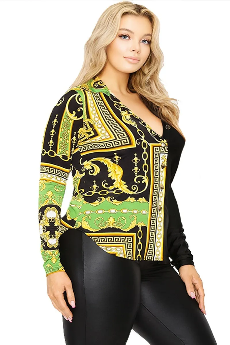 Voluptuous ( ) Plus long sleeve gold chain printed shirt - Ships from The USA