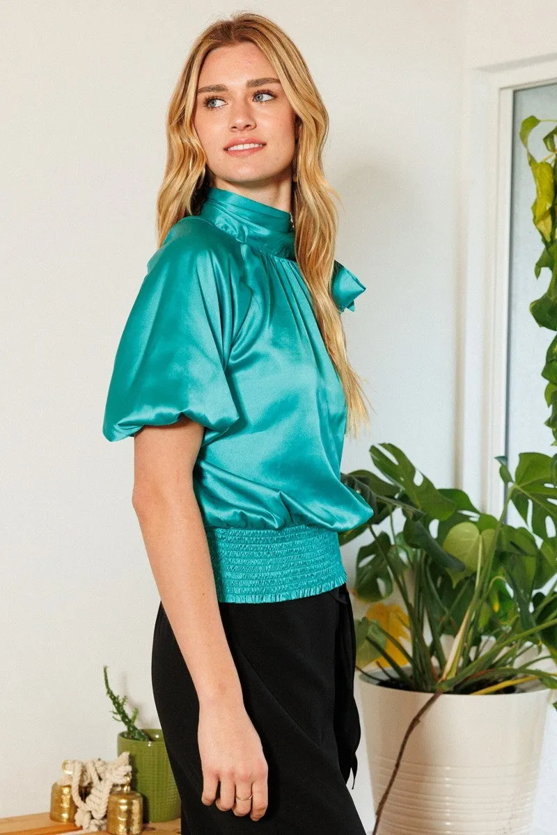 Waist Smocked Solid Satin Blouse - 4 colors - Ships from The US