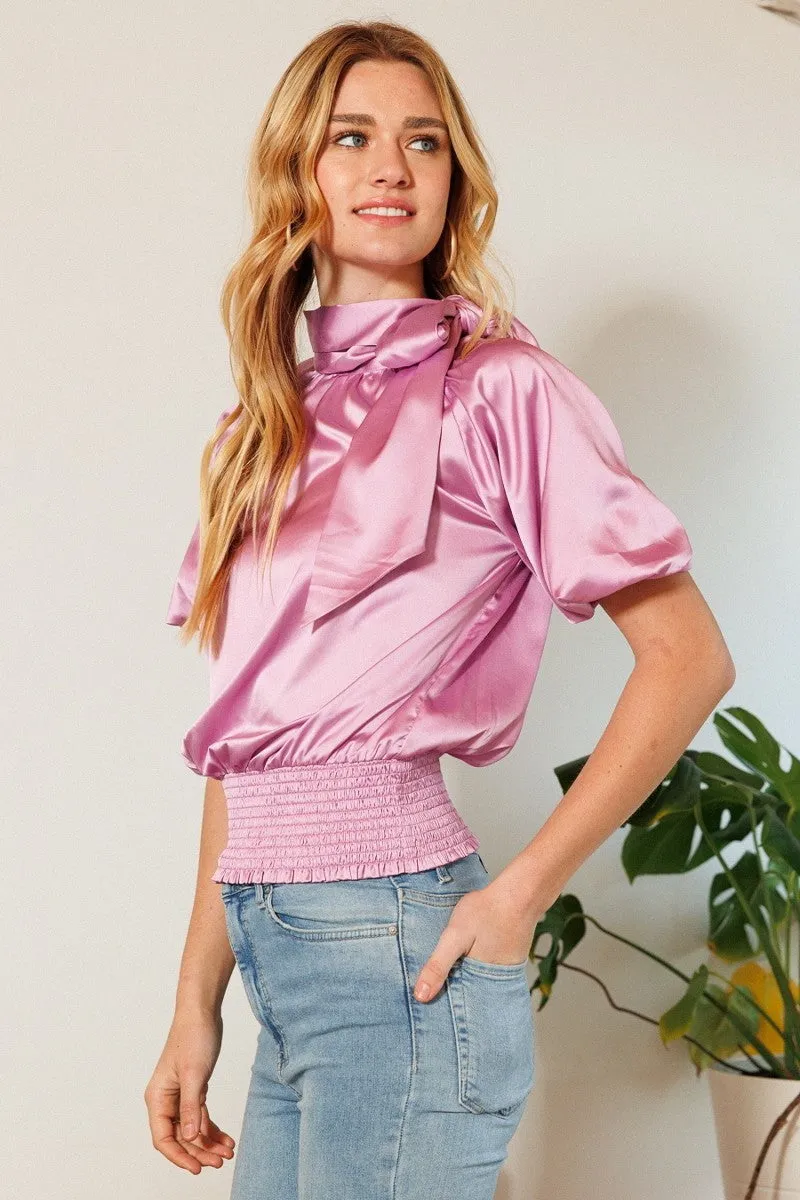 Waist Smocked Solid Satin Blouse - 4 colors - Ships from The US