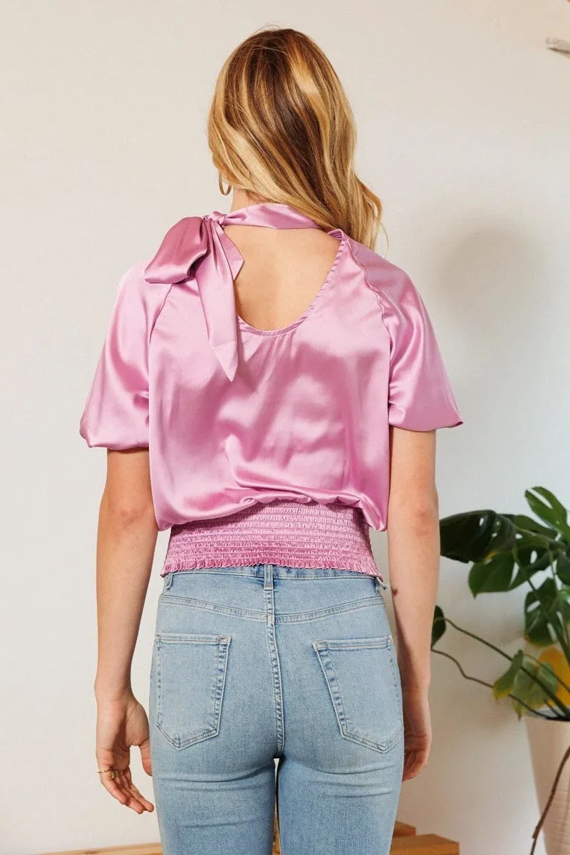 Waist Smocked Solid Satin Blouse - 4 colors - Ships from The US