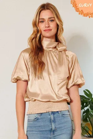 Waist Smocked Solid Satin Blouse - 4 colors - Ships from The US