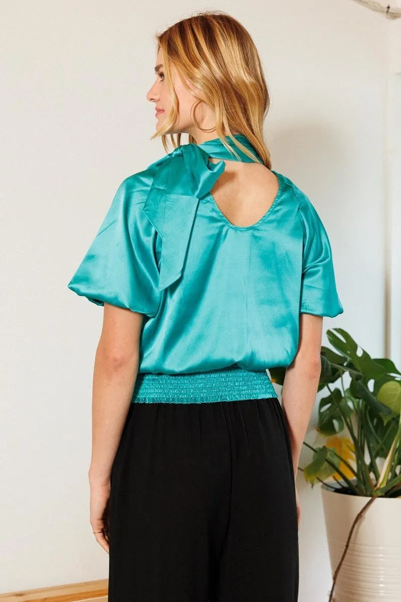 Waist Smocked Solid Satin Blouse - 4 colors - Ships from The US