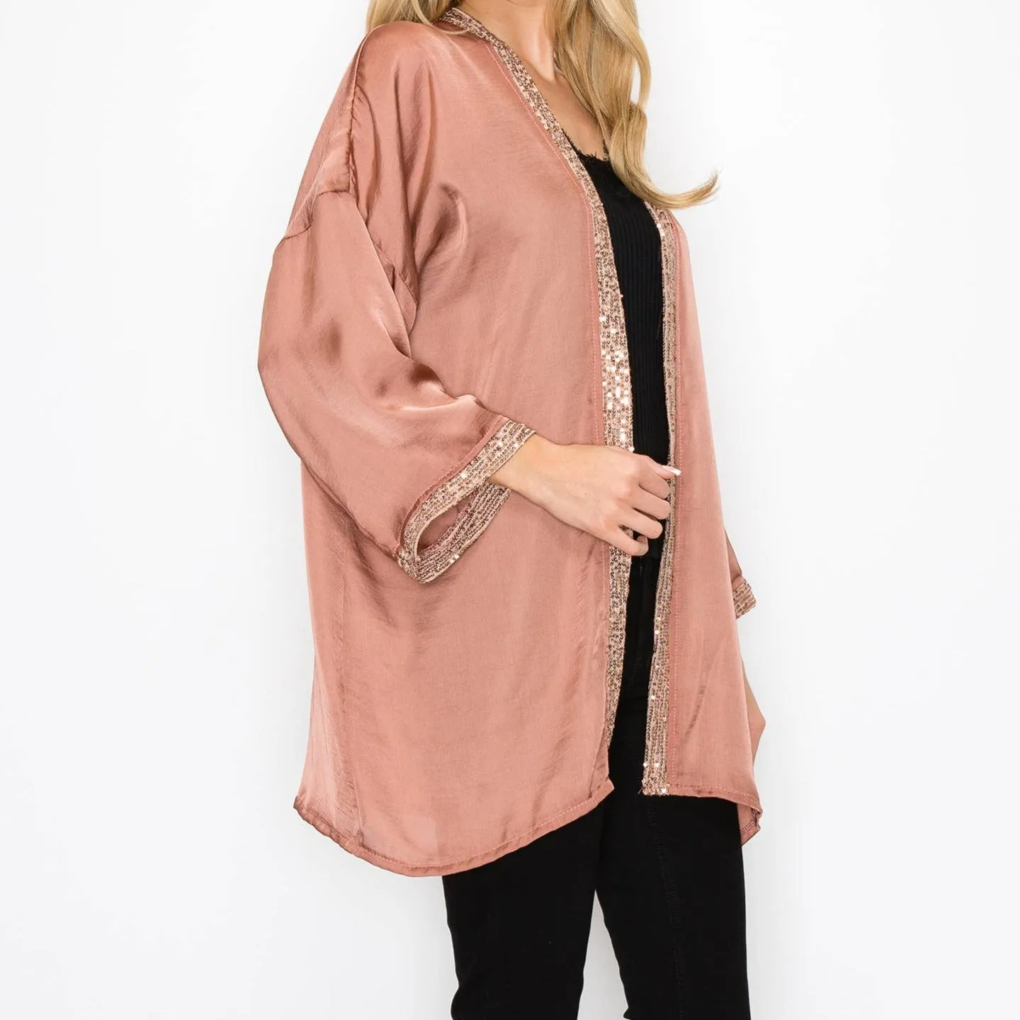 WASHED SATIN SEQUIN TRIM KIMONO