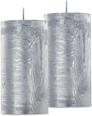 Whispering Moonlight: Enchanting Set of 2 Rustic Silver Pillar Candles, Graceful Charm, Enduring Illumination