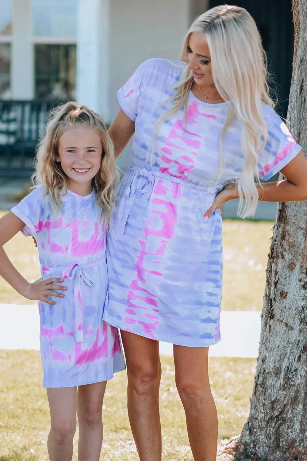 Women Tie-Dye Belted T-Shirt Dress - Mommy & Me